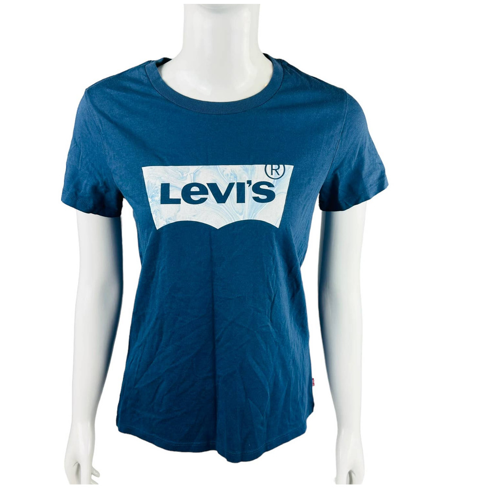New Levi's Juniors XS T-Shirt‎ Striped Blue Logo Stretch Retro Short Sleeve NWT